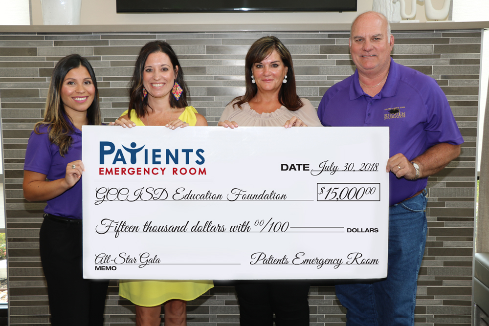 
Jeanne Shipp, Patients ER founding partner (second from right) and Ashley Shibley, Patients ER marketing director (second from left), present a check for $15,000 to Erika Foster (left), Goose Creek CISD Education Foundation director (left) and Ronnie Hotchkiss, GCCISD Education Foundation president-elect, as MVP Sponsors of the upcoming All Star Gala. The event will be held September 29 at Minute Maid Park, hosted by KHOU celebrities Chita Craft, meteorologist, and Jason Bristol, sports anchor. Sponsorships, ranging from $1,000 to $10,000 are still available, and individual tickets are $200, with a $50 discount for district employees.  For more information, visit www.bit.ly/GCCISDAllStarGala  or email Erika Foster at erika.foster@gccisd.net.
