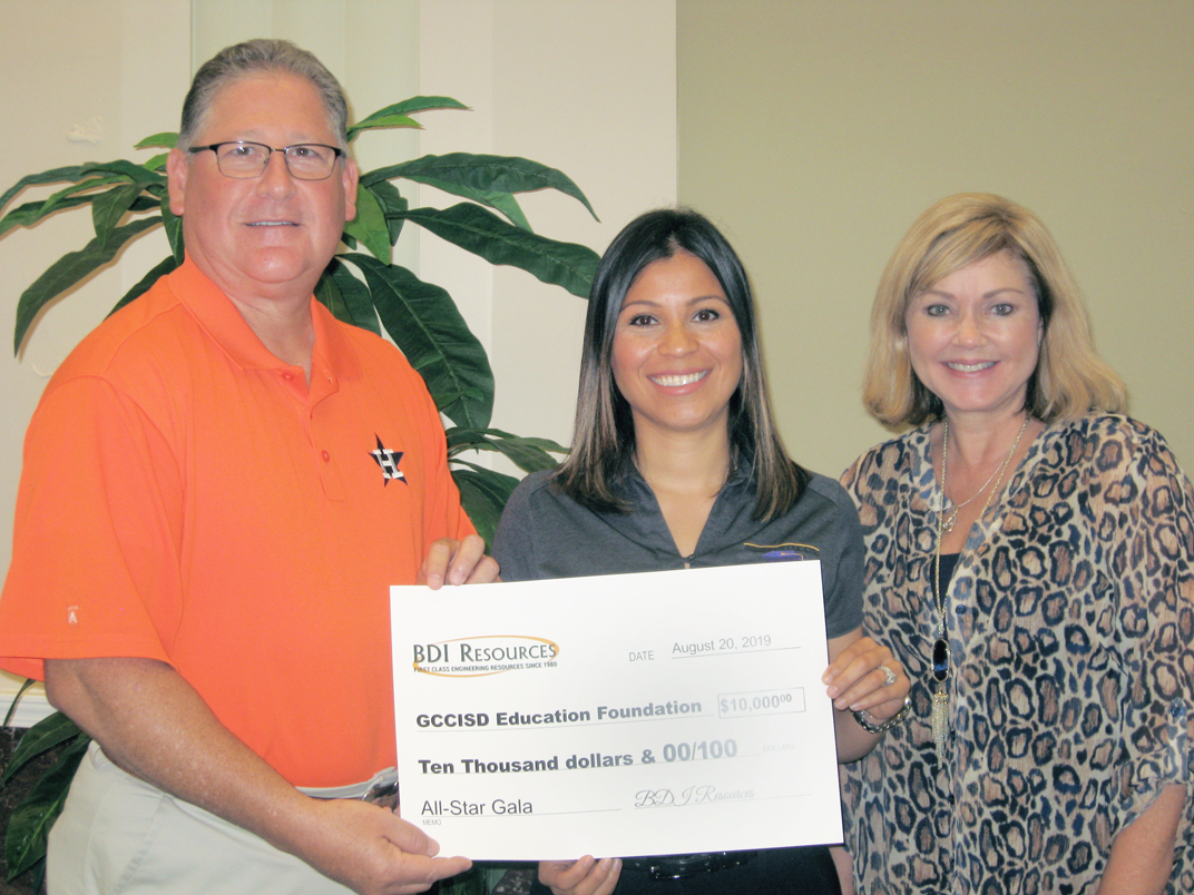 
Thanks to BDI Resources for hitting a grand slam for education as an All-Star Sponsor for the Goose Creek CISD Education Foundation’s All-Star Gala September 14, 2019, at Minute Maid Park. BDI Resources is a longtime supporter of Goose Creek CISD students, teachers and schools. Pictured are (from left) Gilbert Santana, president/CEO of BDI Resources and Foundation Board member; Erika Foster, executive director of the GCCISD Education Foundation and Sheila Crawford, executive vice president of BDI Resources.
