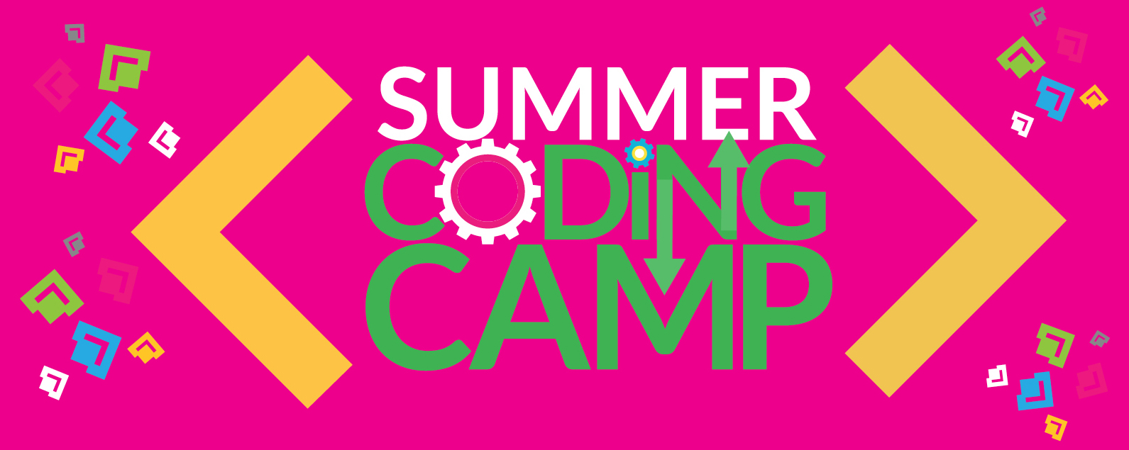 Summer Coding Camp logo consisting of large brackets and cogwheels