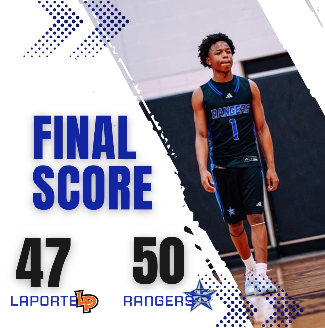 Final Score 47 to 50 with a Sterling win. Pictured is a sterling basketball player on the court.