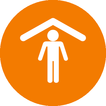 Orange circle with person outline and roof over their head